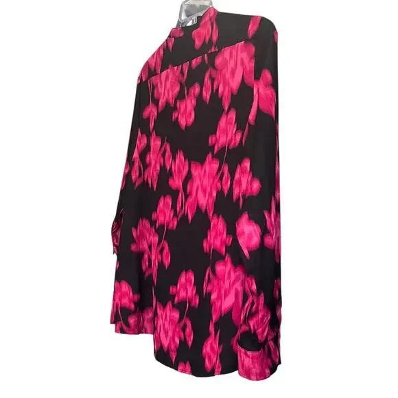 CALVIN KLEIN LONG SLV BUTTON UP V-NECK BLOUSE, WOMENS, XL-HOT PINK & BLACK ABSTR - Picture 6 of 12